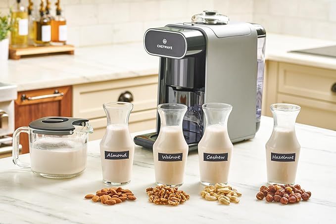 ChefWave Milkmade Soy Milk Maker (Silver/Black) 6-in-1 Vegan Plant-Based Milk Machine with Auto Clean and Delay Start Almond Oat Soy Cashew Coconut Macadamia Milk Maker with Nut Platter