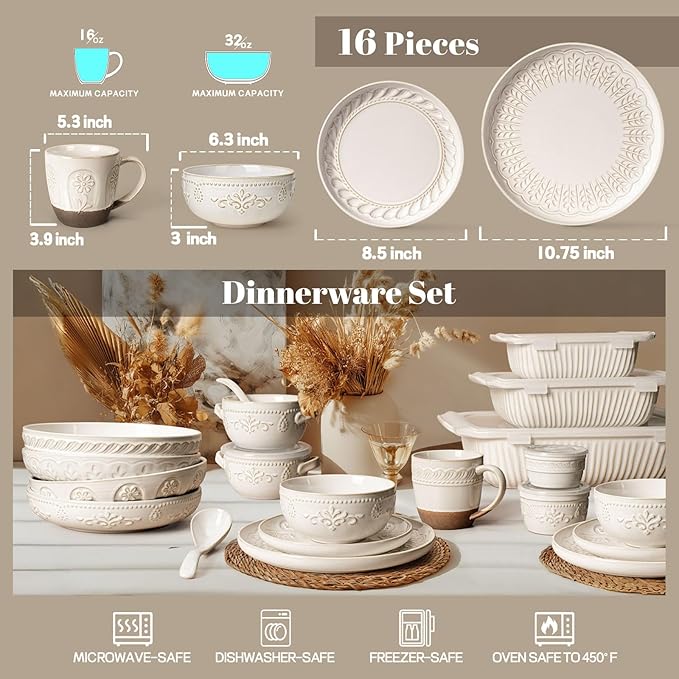Artena Plates And Bowls Sets 16 Pieces Dinnerware Sets Dish Set For 4 Ceramic Kitchen Bowl And Plate Set Embossed White Dishware Sets Dishwasher &amp Microwave Safe (Multiple Patterns) (With Mug