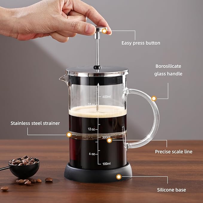 Bincoo French Press Coffee Maker 600ML - Single Layer Borolicate Glass Travel Coffee PressTea and Frothed Milk Press Easy to Use