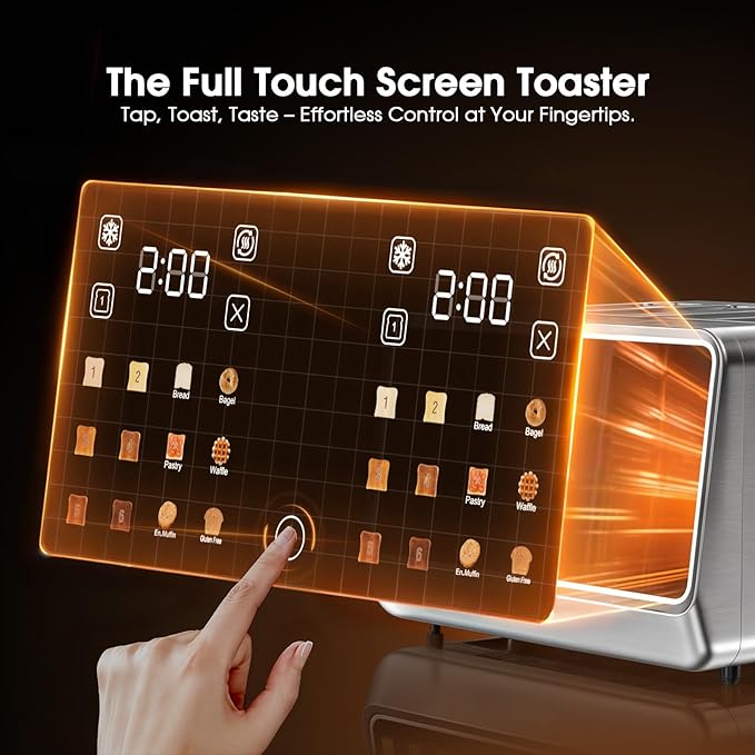 Smart Toaster 4 Slice Wide Slot– Dual Digital TouchScreen &amp Independent Control for Family | 1800W Stainless Steel for 5 Bread Types &amp 6 Toast Settings | Defrost Reheat &amp Single-Slice Mode
