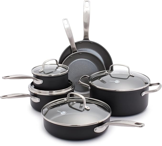 GreenPan Chatham Hard Anodized Healthy Ceramic Nonstick 10 Piece Cookware Pots and Pans Set Frying Pan Skillets Saucepans Saute Pan Stockpot Lids PFAS-Free Dishwasher &amp Oven Safe Gray