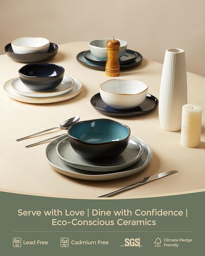 Plates and Bowls Sets 16 Pieces Dinnerware Set for 4 with Pasta Bowls Handmade Dishes Set Chip Resistant Dishware Sets Microwave Safe Dinner Set Designed for Interactive Meals Gray Green