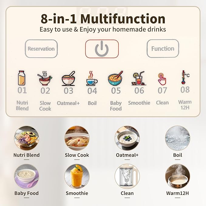 8 in 1 Nut Milk Maker Blender With 20 Bladers40oz Soy Almond Oat Coconut Plant Based and Non Dairy Beverages Automatic Soybean Machine With Delay Start/Keep Warm/Boil Water/Auto-clean.