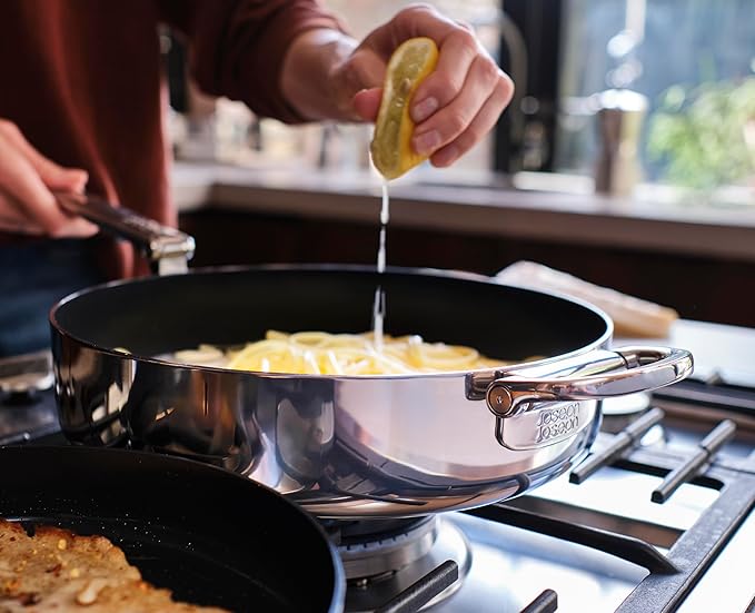 Joseph Joseph Space Steel 2-Piece Nonstick Stainless-Steel Frying Pan Skillet Set Nesting with Folding Handles Induction &amp Oven Safe