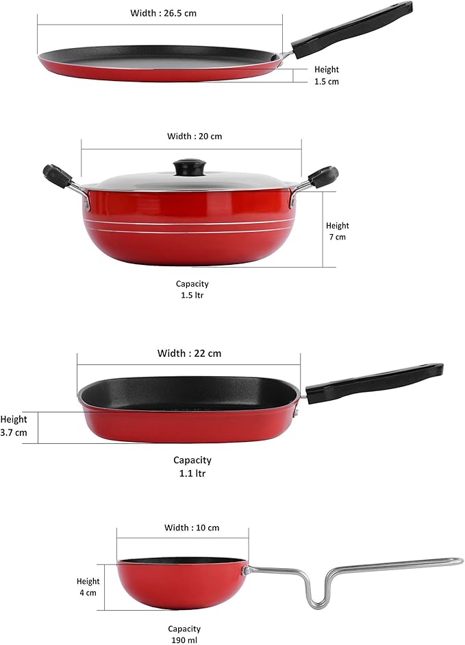 Sumeet 2.6mm Thick Non-Stick Piros Cookware set (Dosa Tawa – 26.5cm Dia + Kadhai With Lid – 1.5Ltr capacity- 20cm Dia + Grill Pan – 1.1Ltr Capacity – 22cm Dia + Tadka Pan – 10cm Dia)