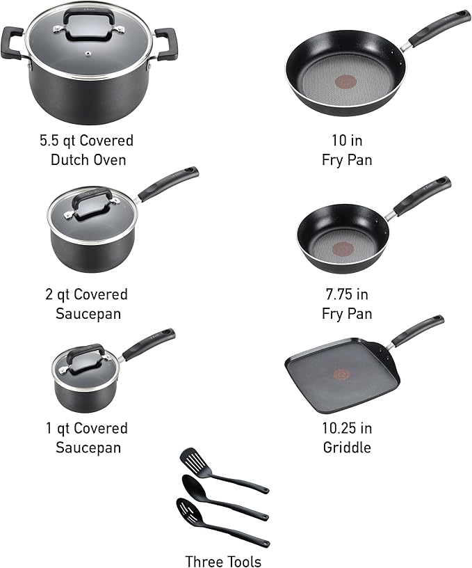 T-Fal Signature Nonstick Pots and Pans Set 12 Piece Oven Broiler Safe 350F Kitchen Cookware Set w/Fry Pans Saucepans Saute Pan Dutch Oven Griddle Kitchen Home Dishwasher Safe Black