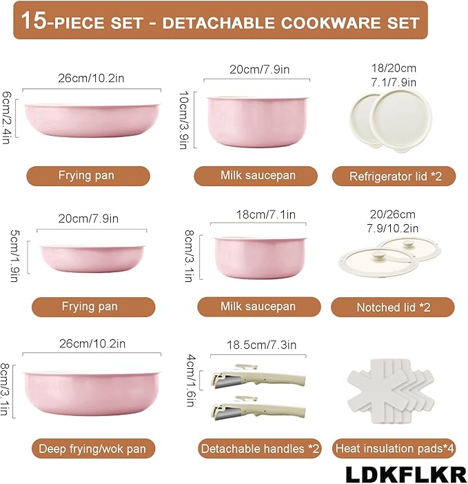 Multi-Piece Detachable Cookware Set Non-Stick Pots and Pans Set with Removable Handles Cooking Set Oven Safe Stackable Universal for All Stoves15PcPink