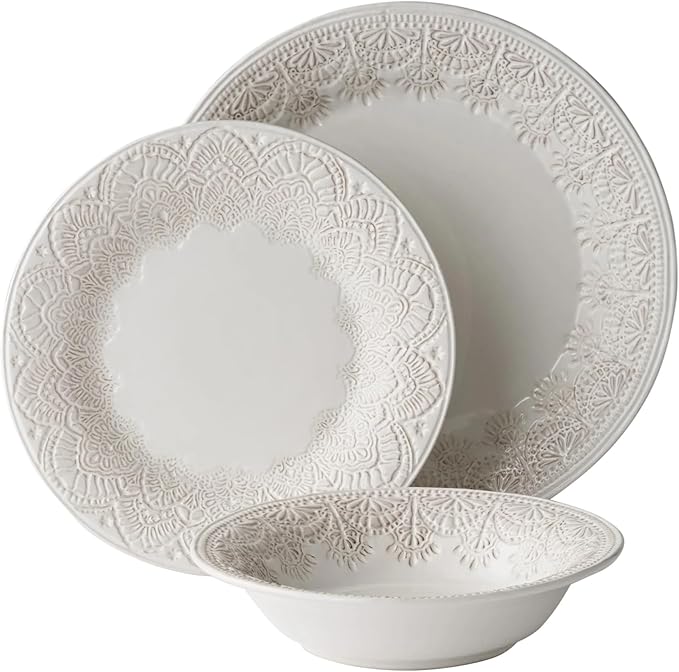 12-Piece Linen Lace Ceramic Dinnerware Set Microwave &amp Dishwasher Safe Rustic Elegance Design 4-Person Set for Daily Family Meals &amp Formal Entertaining