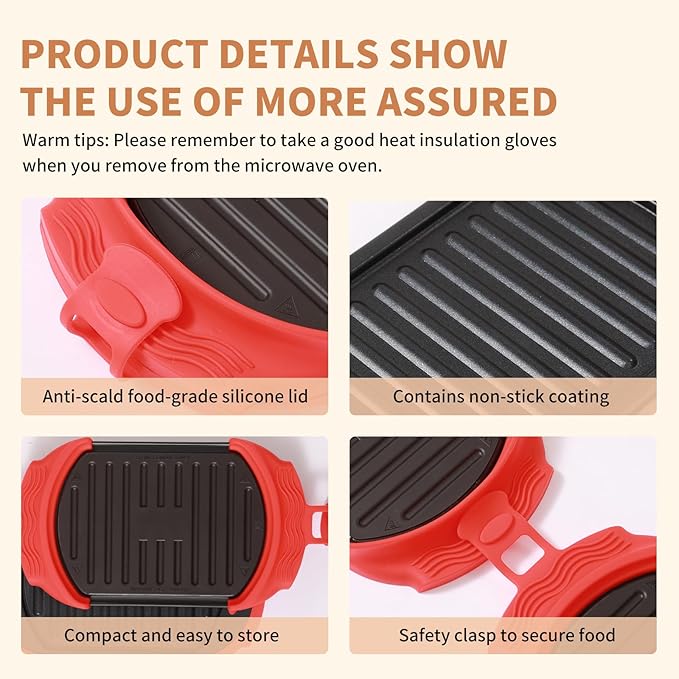 Microwave Sandwich Maker Microwave Toaster Grill Cheese Panini Press Maker Dishwasher Safe Removable Non-Stick Plates Silicone Microwavable Cookware Fast Cooking for Breakfast Snacks Red