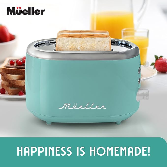 Mueller Retro Toaster 2 Slice with 7 Browning Levels and 3 Functions: Reheat Defrost &amp Cancel Stainless Steel Features Removable Crumb Tray Under Base Cord Storage Turquoise