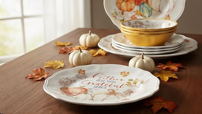UPware 12 Piece Pumpkin Season Melamine Dinnerware Sets Outdoor Dishes Set Plates and Bowls Sets Autumn Thanksgiving Decorations Service for 4 Orange