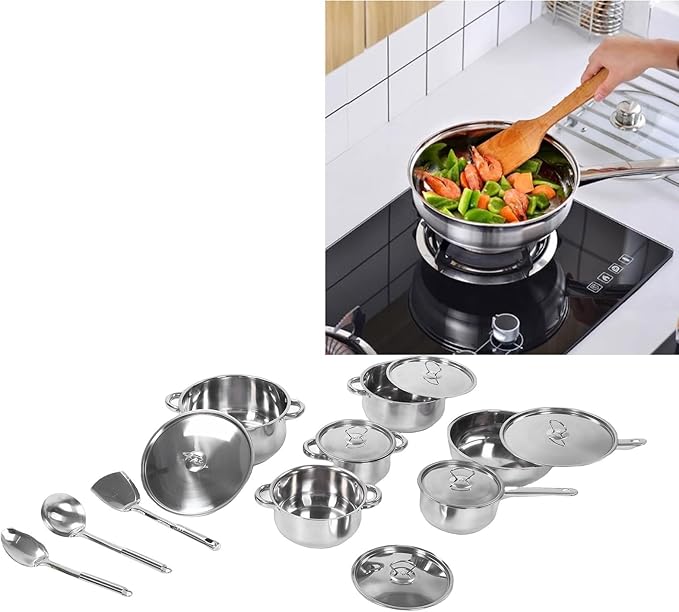 Pssopp Kitchen Cooking Set Safe Handling Fast Heating Multifunctional Stainless Steel Cookware Set for Home(4 Soup Pots 2 Pans 1 Spatula 2 Spoons)