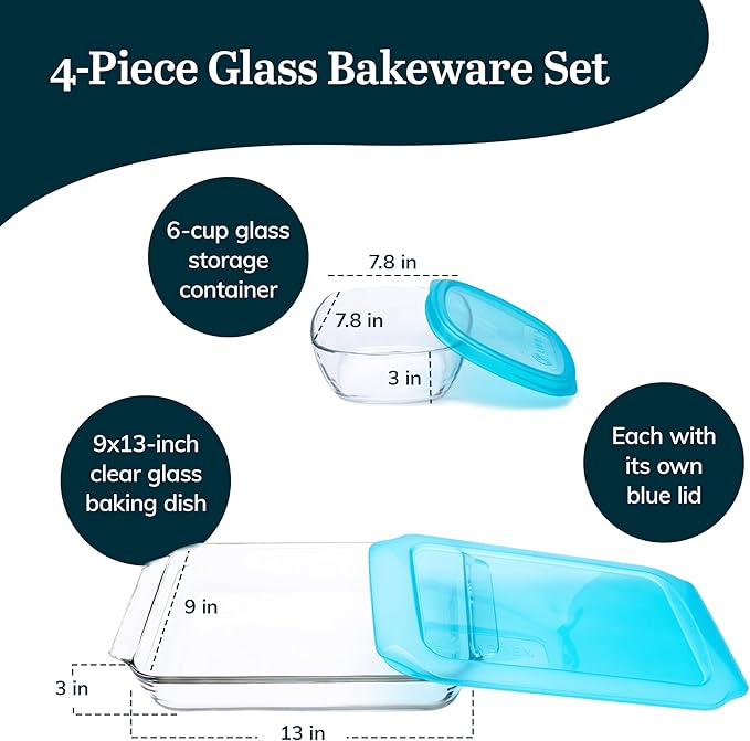 Libbey Baker’s Premium 4 Piece Glass Baking Dish Set Multipurpose Space Saving Casserole Dish with Lid Set Baking Glassware for Potlucks Leftovers