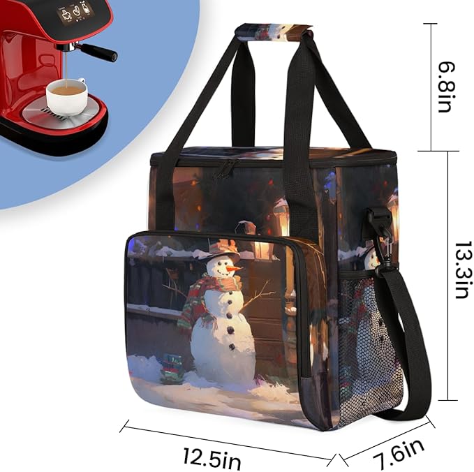 Xmas Snowman Coffee Maker Carrying Bag Glitter Snowman Travel Storage Bag Compatible with K-Mini or K-Mini Plus Single Serve Coffee Brewer Carrying Case with Multiple Pockets &amp Shoulder Strap