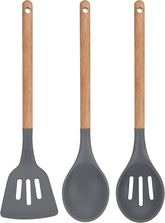 Set 3pc Frying Pan (20+24+28cm) Green Pressed Aluminum with Set 3pc Kitchen Utensils Silicone Wood with Set 4pc Stainless Steel Knives