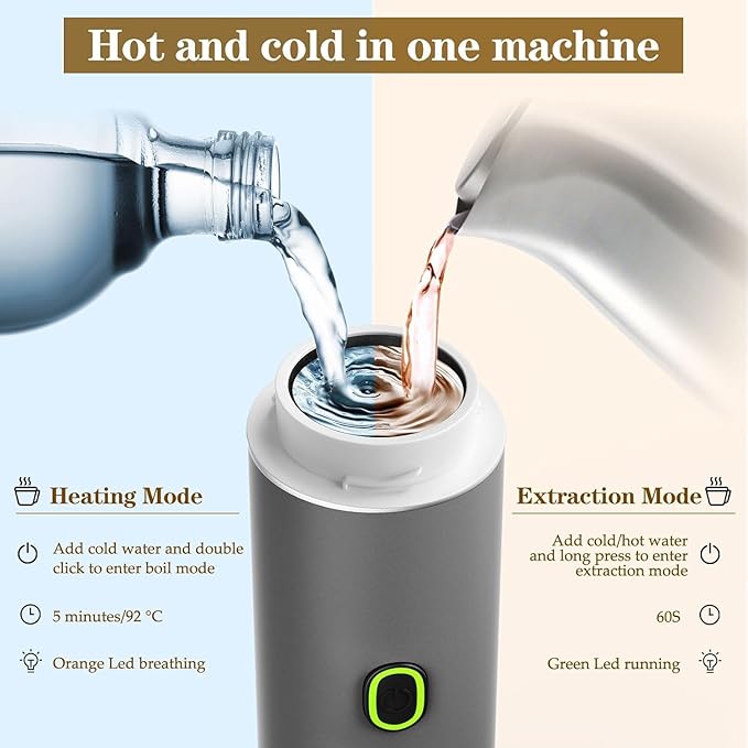 CAFFETTO - Portable 3-in-1 Coffee Maker (Capsule &amp Ground) - USB-C self-heating espresso machine - 20-bar pump pressure 7500mAh battery - One-touch operation detachable parts - Grey