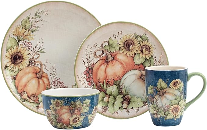 Autumn Breeze 16-Piece Ceramic Dinnerware Set Service for 4 – Celebrate fall gatherings with sunflowers pumpkins and rich harvest hues perfect for cozy dinners and festive autumn tablescapes