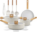 NutriChef Ceramic Cookware Set with Cooking Utensils 14-Piece Nonstick Cookware Set with Glass Lids Compatible with All Cooktops Heat-Resistant Handles and Stylish Finish (Beige)