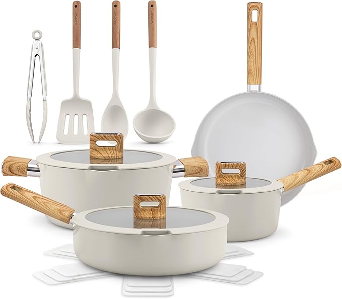 NutriChef Ceramic Cookware Set with Cooking Utensils 14-Piece Nonstick Cookware Set with Glass Lids Compatible with All Cooktops Heat-Resistant Handles and Stylish Finish (Beige)