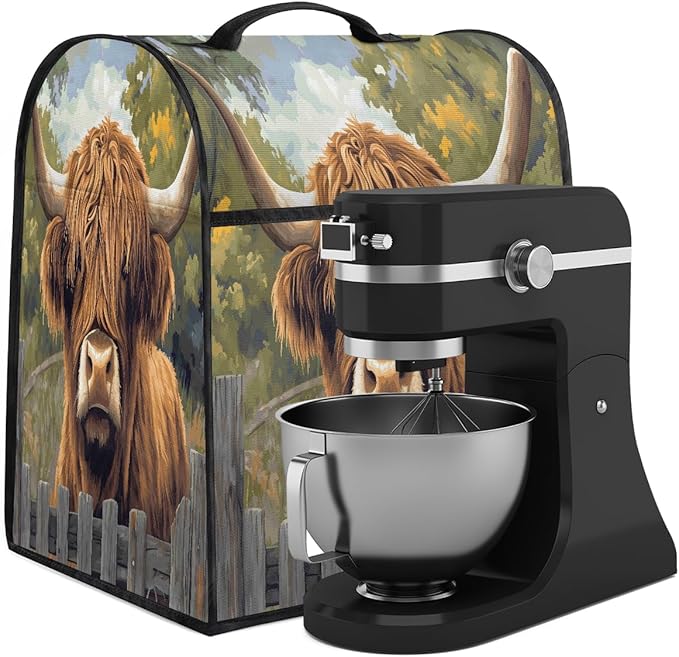 Kitchen Aid Mixer Cover Highland Cow Animals Stand Mixer Cover Compatible with 6-8 Quarts Stand Mixers Dust Covers with Zipper Pocket Foldable Washable Kitchen Aid Organizer Bag