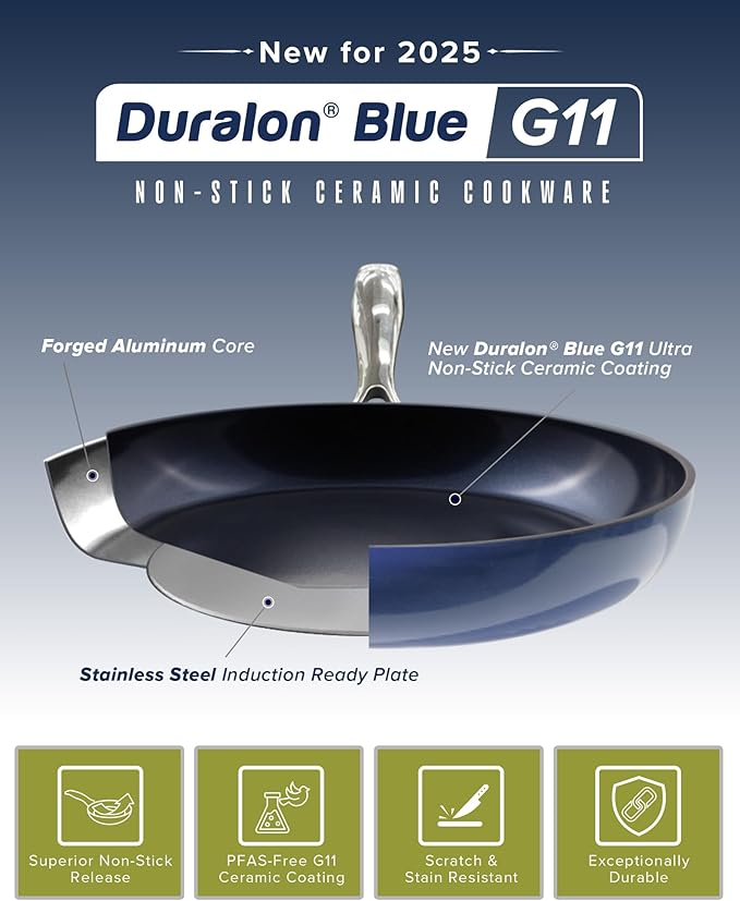 Nuwave Healthy G11-Pots and Pans Set Non Stick 9H Near-Diamond Hardness Scratch-Resistant Works on All Stovetops PFAS Free with Frying Pans Saucepans &amp Glass Lids Stay-Cool Handles Deep Blu