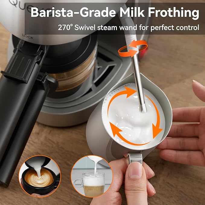 Queyd 3.5 Bar 4 Cup Espresso Cappuccino Machine Stainless Steel Espresso Machine Compact Expresso Machines for Home Latte and Cappuccino Machine with Milk Frother Dual Safety Switches 800W