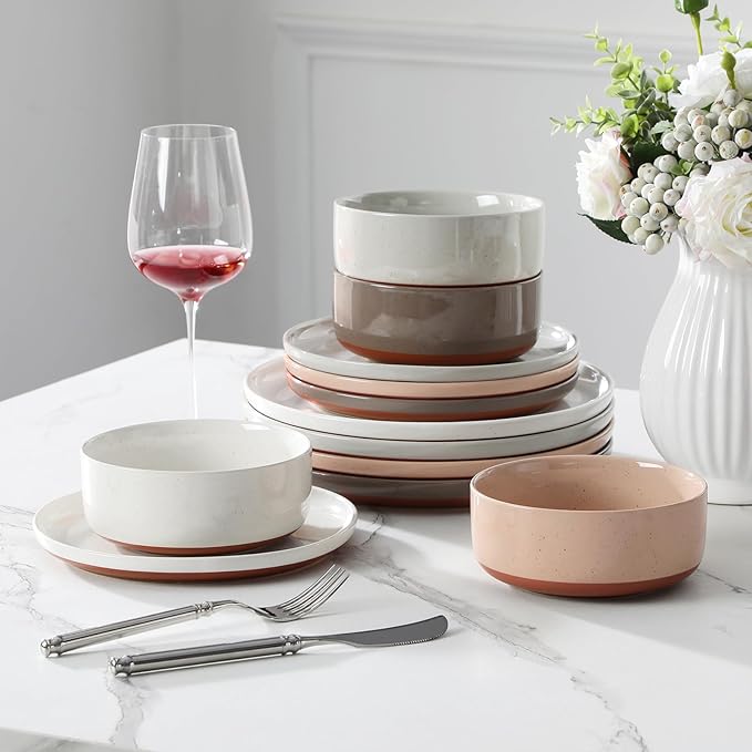 MALACASA Plates and Bowls Sets 12 Pieces Modern Stoneware Dinnerware Set for 4 Kitchen Dinner Set Ceramic Dishware Dishes Set Microwave and Dishwasher Safe Multicolor Series TARA