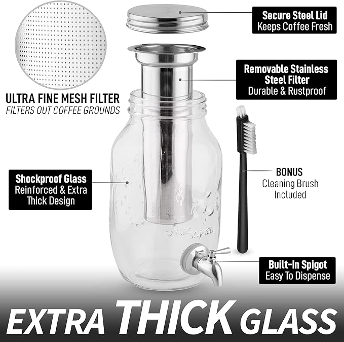 Zulay Kitchen 1.5 Liter Cold Brew Coffee Maker with EXTRA-THICK Glass Carafe &amp Stainless Steel Mesh Filter - Premium Iced Coffee Maker Cold Brew Pitcher &amp Tea Infuser