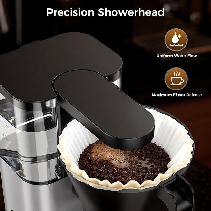 Kismile 8 Cup Drip Coffee Maker Machine Pour Over Coffee Brew with 3s Instant Heat 197-205℉ Removable Water Tank Adjustable Flow Control Deep Cold Brew &amp Keep Warm 40 Min Easy to Clean (silve