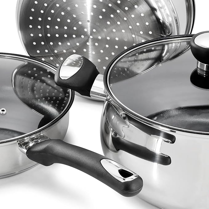 10 Piece Stainless Steel Belly-Shaped Cookware and Nonstick Utensil Set Dishwasher Safe Pots and Pans with Saute Pan Dutch Oven Saucepan and Kitchen Tools