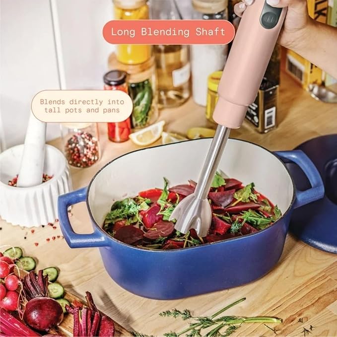 Cordless Hand Blender with 2-Cup Chopper Whisk &amp Large Measuring Cup Perfect for Cooking Smoothies Sauces Purees and Meal Prep (Rose)
