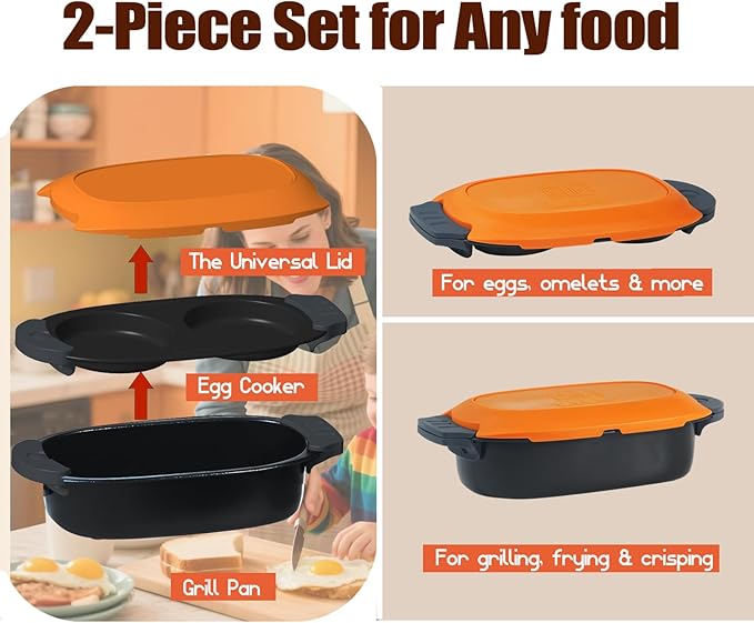 Quick-Heat Microwave Egg Cooker and 33 OZ Microwave Grill Combo | 2-Piece Breakfast Maker Set for Grilling Frying Crisping Meat Bacon Pancakes &amp Veggies | Dishwasher Safe &amp Non-Stick for K