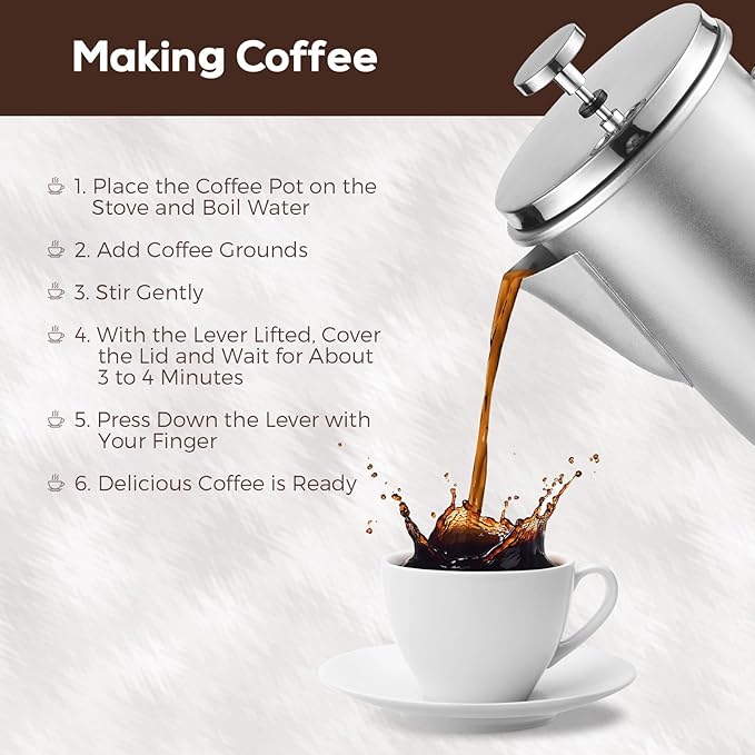 French Press Coffee Maker 1L Portable Stainless Steel Cold Brew Coffee Tea Pot with Foldable Handle for Camping Trips Home Brewing (Silver)