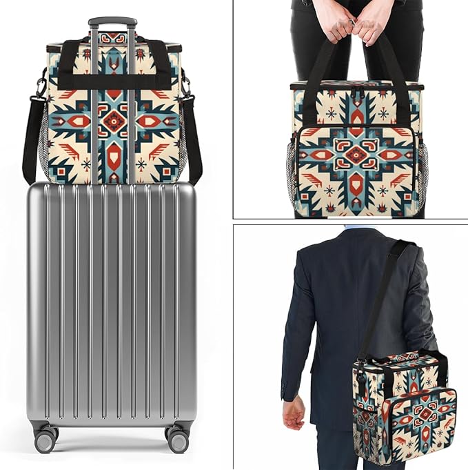 Geometry Flower Coffee Maker Carrying Bag Traditional Aztec Travel Storage Bag Compatible with K-Mini or K-Mini Plus Single Serve Coffee Brewer Carrying Case with Multiple Pockets &amp Shoulder Str