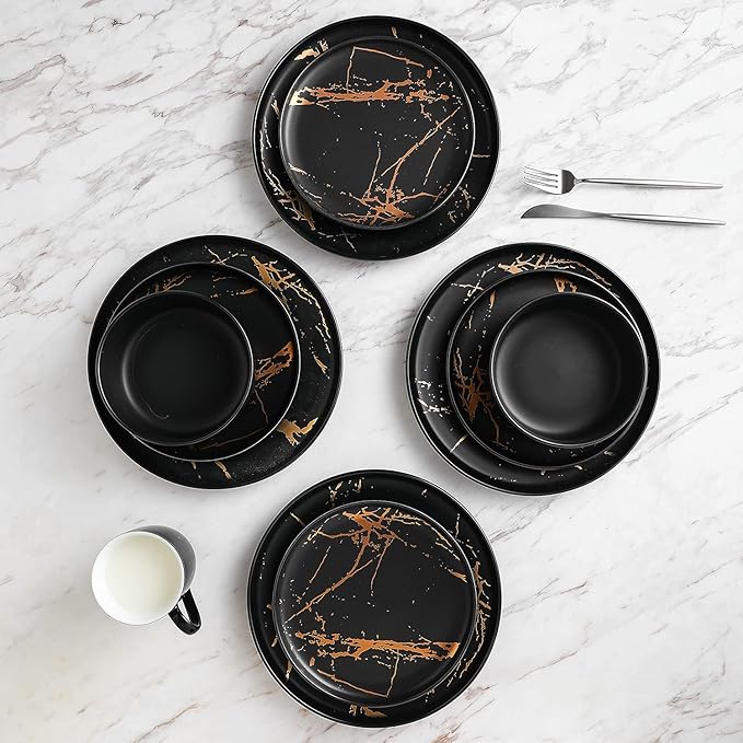 Stone Lain Porcelain 16 Piece Dinnerware set 4 Full Black Gold Splash Sets