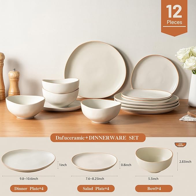 Stoneware Dinnerware Set for 4 12 Piece Plates and Bowls Set with Glazed RimChip &amp Scratch Resistant Plates Sets Dishwasher Microwave Safe Dishes (Light Beige)