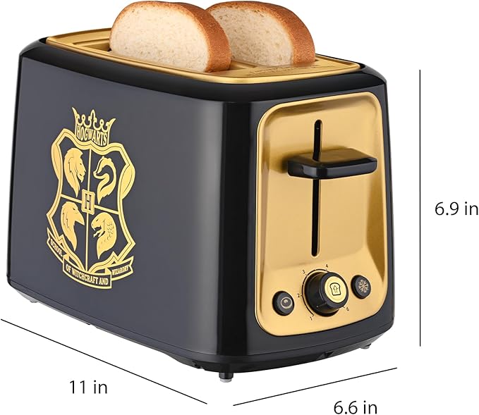 Warner Brothers Harry Potter 2-Slice Toaster by Select Brands Imprints Hogwarts Crest and Harry Potter Glasses on Toasted Bread Black and Gold WBH-26TS