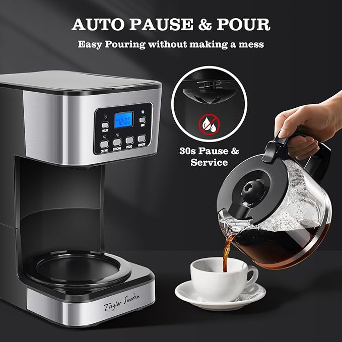 Taylor Swoden 12-Cup Programmable Coffee Maker Regular &amp Strong Brew Drip Coffee Machine for Home and Office Glass Carafe Pause &amp Serve Auto Shut Off Black &amp Stainless Steel