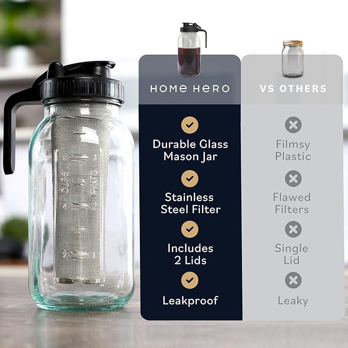 Home Hero Cold Brew Coffee Maker Glass Pitcher - Easy Mason-Style Cold Brew Jar - Smooth Iced Coffee Maker Experience - Leakproof Flip Cap &amp On-the-Go Lid for Iced Tea Pitcher - 64 Oz Black
