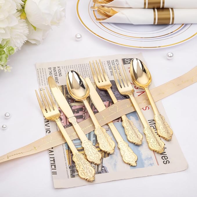 Nervure 400PCS Pre Rolled Gold Plastic Silverware Sets - Heavy Duty Fancy Gold Cutlery - Include 100 Pack Wrapped Disposable Utensils with Napkins for Parties Dinners &amp Weddings