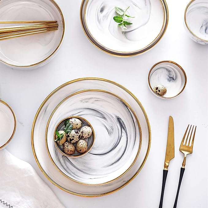 7-Piece d Edged Marble Dinnerware Set - Compact Kitchen T for 2 with Round Ceramic Plates and Sauce Bowls