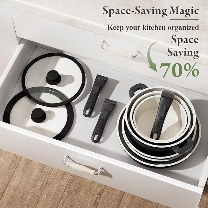 23Pcs Pots and Pans Set Non StickTitanium-Reinforced Ceramic Cookware Set with 3 Removable HandlesScratch-Resistant &amp PFAS-FreeInductionOvenDishwasher SafeStackable Space-Saving for RV &amp