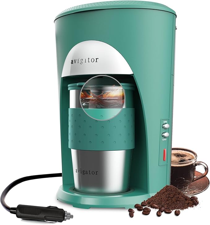 Portable Coffee Maker for Travel Camping Car Compact Drip Coffee Machine Single Serve with 10 oz Travel Mug for Traveling RV Office Home and Dorm 12V Green