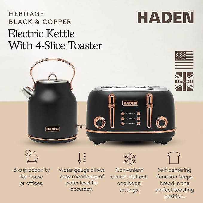 Haden Heritage 4 Slice Wide Slot Stainless Steel Toaster Bundled with 1.7 Liter Stainless Steel Electric Water Kettle Black &amp Copper