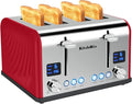 Toaster 4 Slice KitchMix Bagel Stainless Toaster with LCD Timer Extra Wide Slots Dual Screen Removal Crumb Tray (Red)