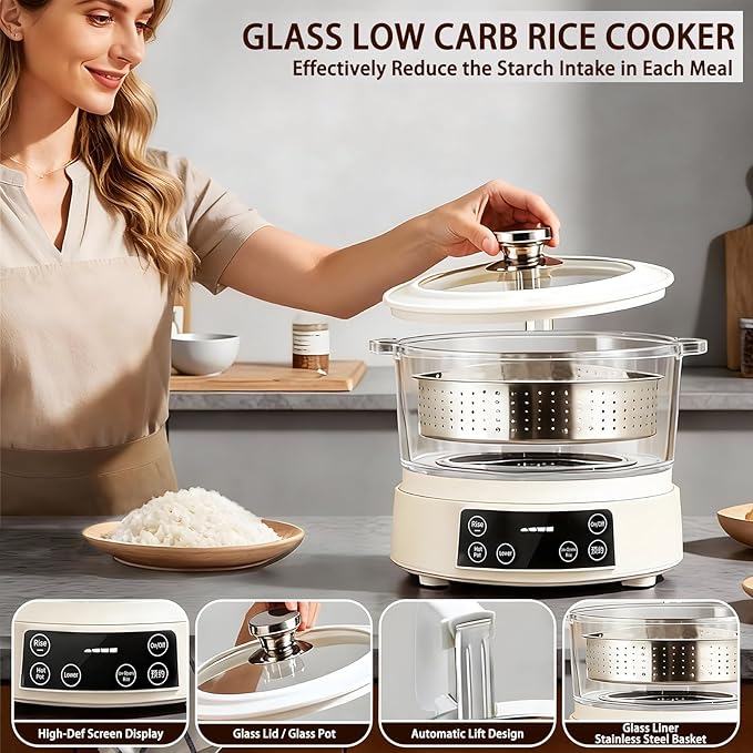 3L Low Carb Rice Cooker Multi-Rice Cooker with Auto Lift Filter Basket Separate Rice from Soup Steam or Boil Smart Touchscreen Precise Temperature Control for Home Use