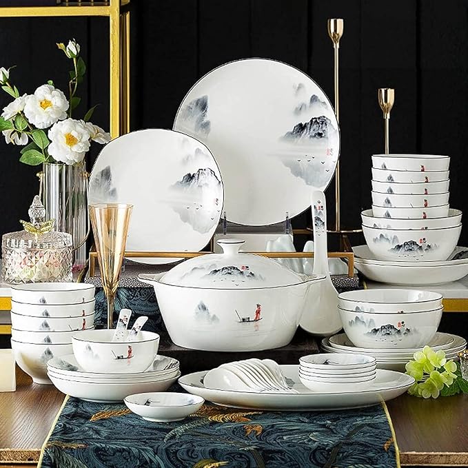 60-piece Dinnerware SetExquisite Porcelain TablewareAntiquity Chinese Style Porcelain SetInk Painting Design Dinner Dishes SetPlates/Bowls/Spoons and Soup PotService for 12