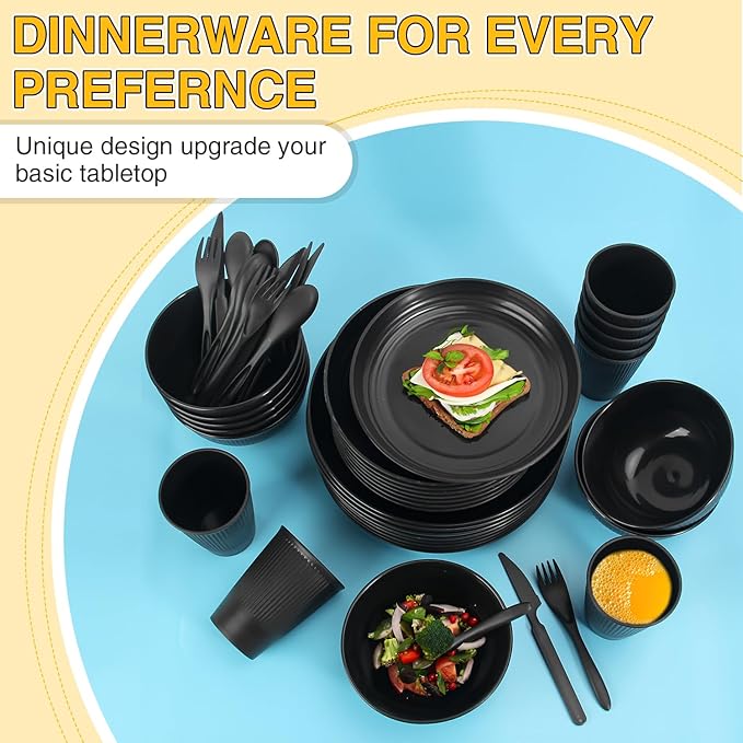 LAERJIN 56 Piece Wheat Straw Dinnerware SetsUnbreakable Reusable Dinnerware SetDishwasher &amp Microwave Safe Plates and Bowls Sets for Apartment Essentials Outdoor Camping Black