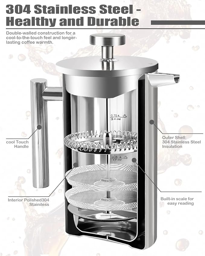 French Press Coffee Maker304 Stainless Steel Coffee Press with scale lines and 2 Extra Filters for Kitchen &amp Camping (Silver 34 OZ) 1 Litre