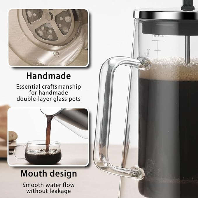 French Press Coffee Maker 22Oz - Double-Wall Insulated Borosilicate Glass - Ergonomic Handle - Coffee Gift - Tea &amp Coffee Press